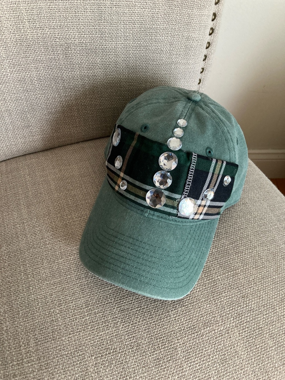 Women's Green Plaid Crystal Embellished Baseball Cap
